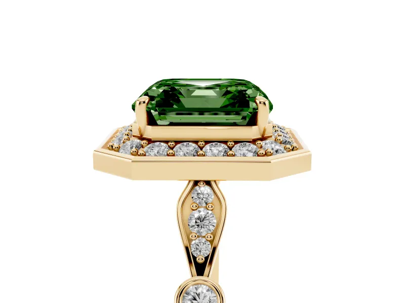 Asscher Cut Halo Engagement Ring Setting for a Fancy Green Lab-Grown Diamond | Bezel Station Shoulders | Yellow Gold
