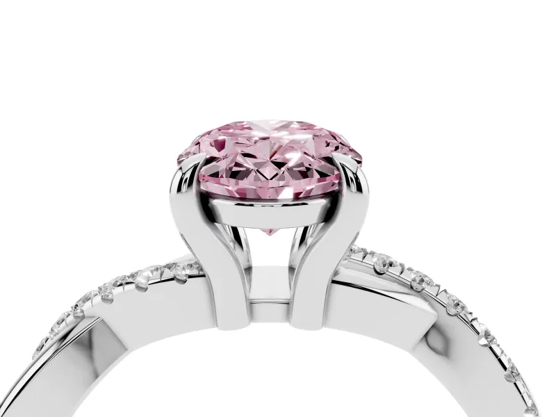 Fancy Pink Oval Cut Diamond Twist Band Solitaire Set in Silver with Pavé Accents and Prong Setting