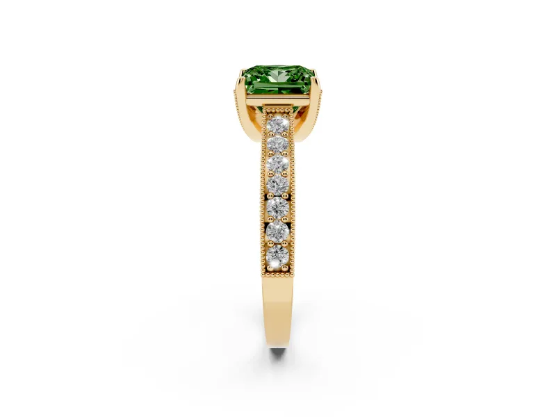 Princess Cut Hidden Halo Engagement Ring Setting for a Fancy Green Lab-Grown Diamond | Milgrain Pave | Yellow Gold