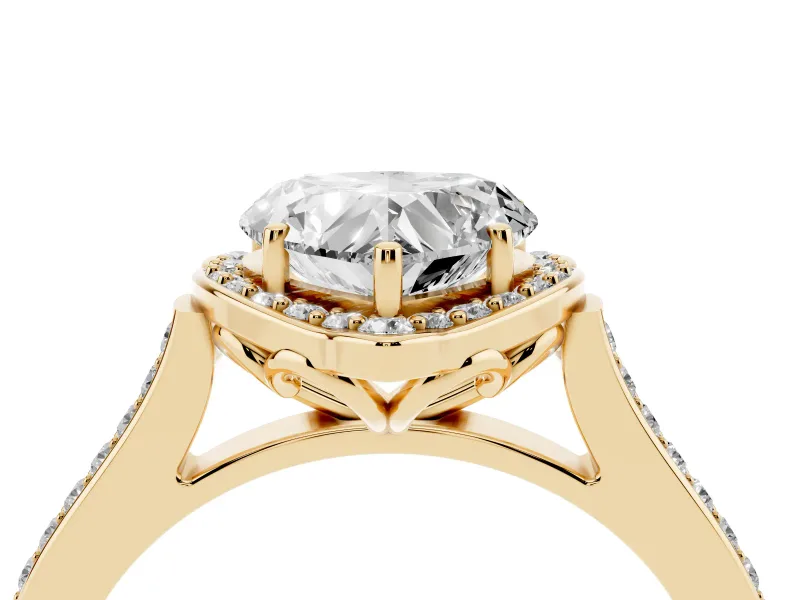 Heart-Shaped Petal Tip Halo Engagement Ring Setting | Single Row Pavé Band | Yellow Gold