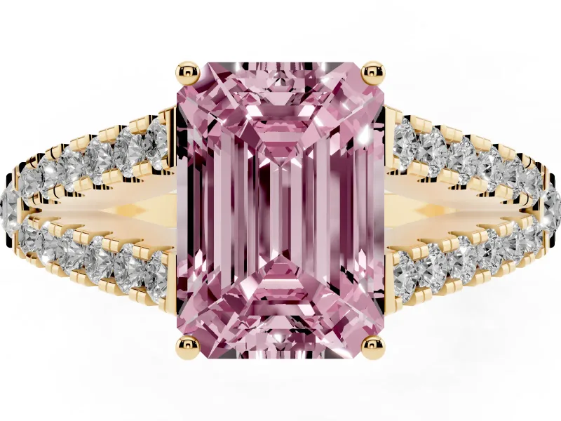 Emerald Cut Graduated Split Shank Engagement Ring Setting for a Fancy Pink Lab-Grown Diamond | Yellow Gold