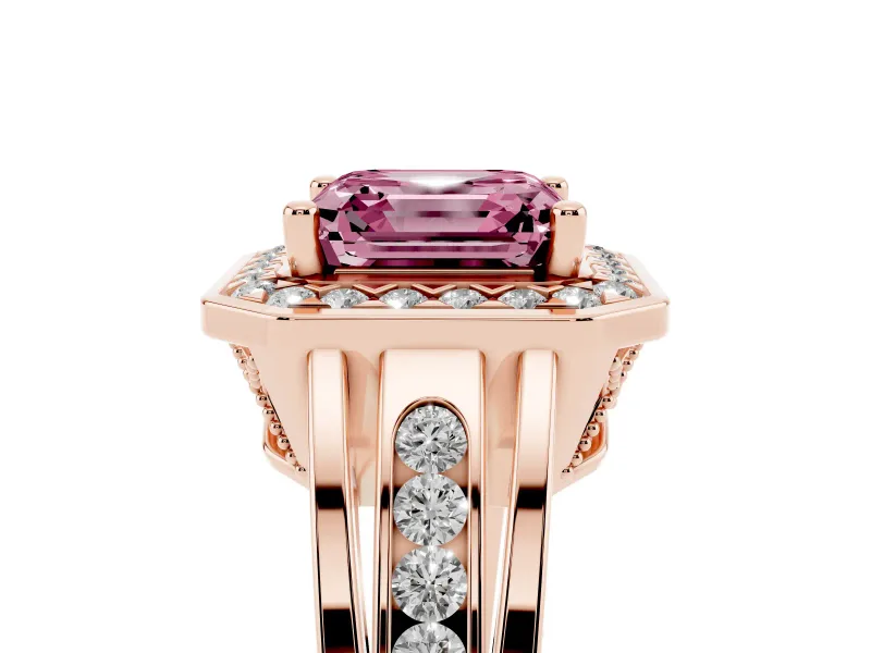 Asscher Cut Halo Engagement Ring Setting for a Fancy Pink Lab-Grown Diamond | Channel-Set Split Shank | Rose Gold