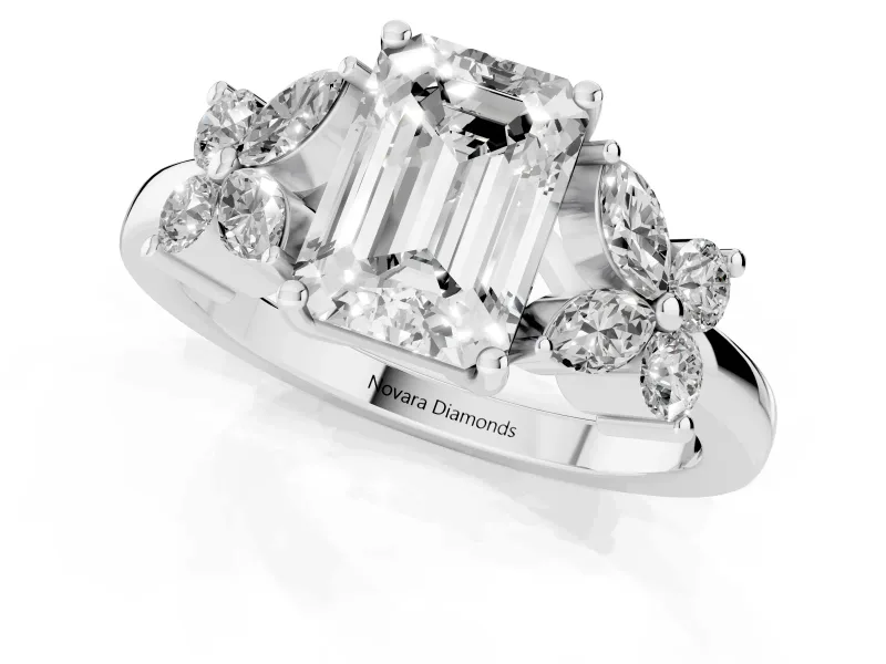 Emerald Cut Diamond Floral Cluster Ring Set in Silver with Marquise Petals and Prong Setting