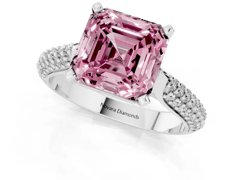 Fancy Pink Asscher Cut Diamond Solitaire Engagement Ring Set in Silver with Multi-Row Round Pavé Band and Prong Setting