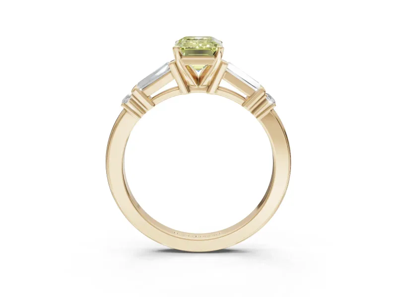 Emerald Cut Tapered Baguette Engagement Ring Setting for a Fancy Yellow Lab-Grown Diamond | Bar Set Sides | Yellow Gold