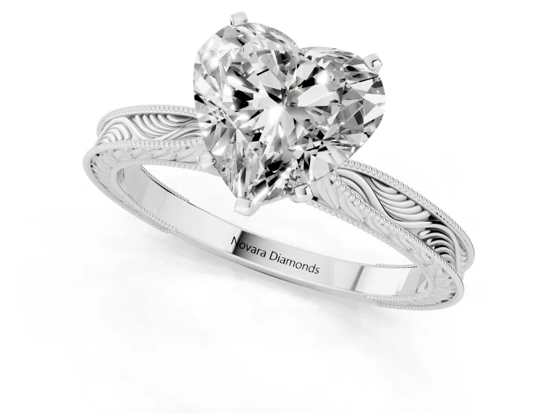 Heart-Shaped Engraved Solitaire Engagement Ring Setting | Milgrain Edges | Sterling Silver