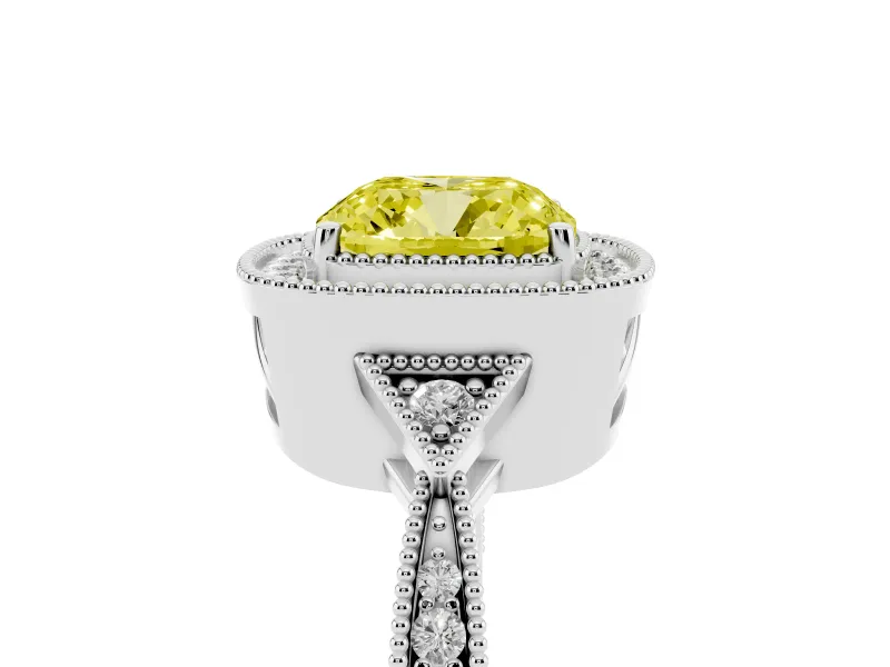 Fancy Yellow Cushion Cut Diamond Halo Engagement Ring Set in Platinum with Milgrain Pavé Band