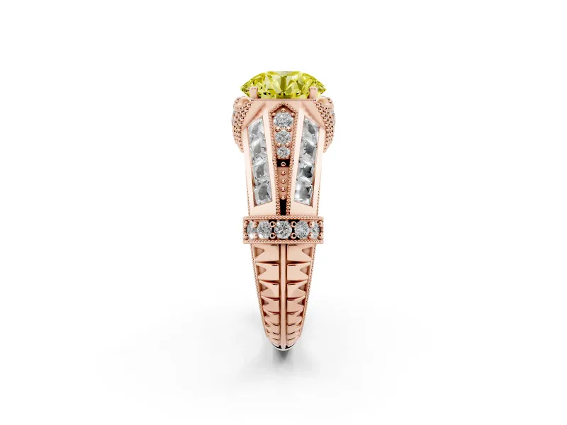 Fancy Yellow Round Cut Diamond Vintage-Inspired Milgrain Ring Set in Rose gold with Accent Split Shank