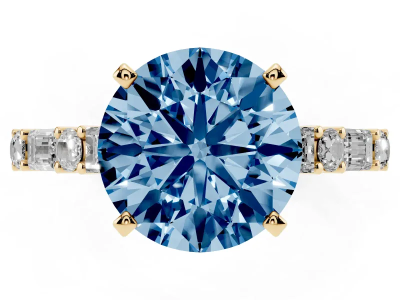 Fancy Blue Round Cut Diamond Solitaire Set in Yellow gold with Side Baguettes and Channel Set Band