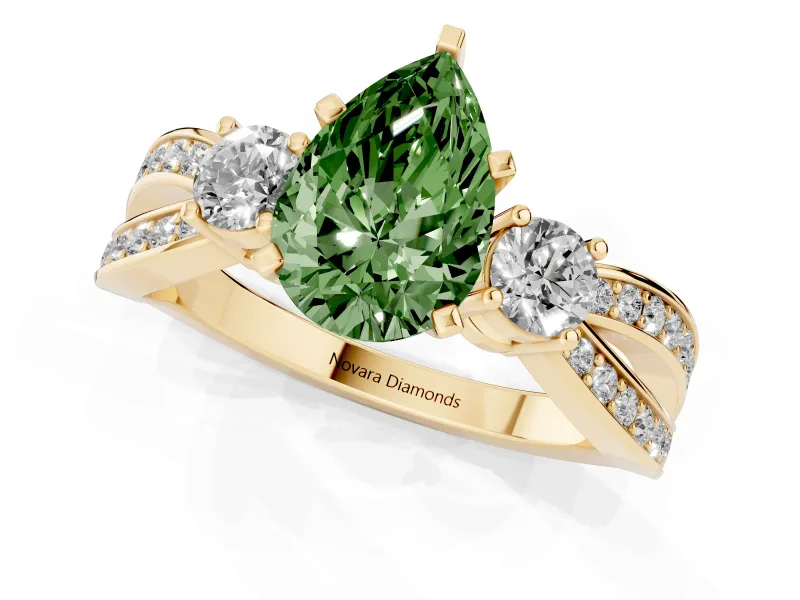 Fancy Green Three-Stone Pear Cut Diamond Twist Band Ring Set in Yellow gold with Pavé Accents and Prong Setting