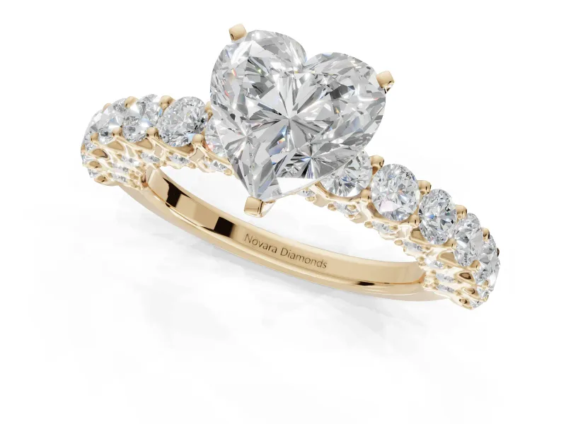 Heart-Shaped Shared Prong Engagement Ring Setting | Two-Row Band | Yellow Gold
