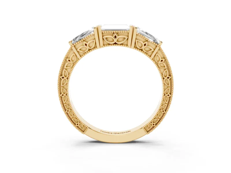 Baguette and Pear-Shaped Lab-Grown Diamond Milgrain Wedding Band | Chevron Sides | Yellow Gold