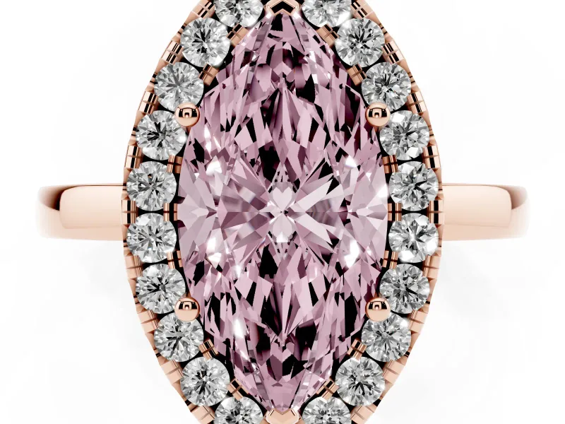 Fancy Pink Marquise Cut Diamond Halo Solitaire Ring Set in Rose gold with Pavé Band and Prong Setting