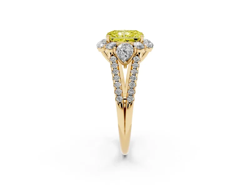 Fancy Yellow Radiant Cut Diamond Halo Split Shank Engagement Ring Set in Yellow gold with Prong-Held Center Stone