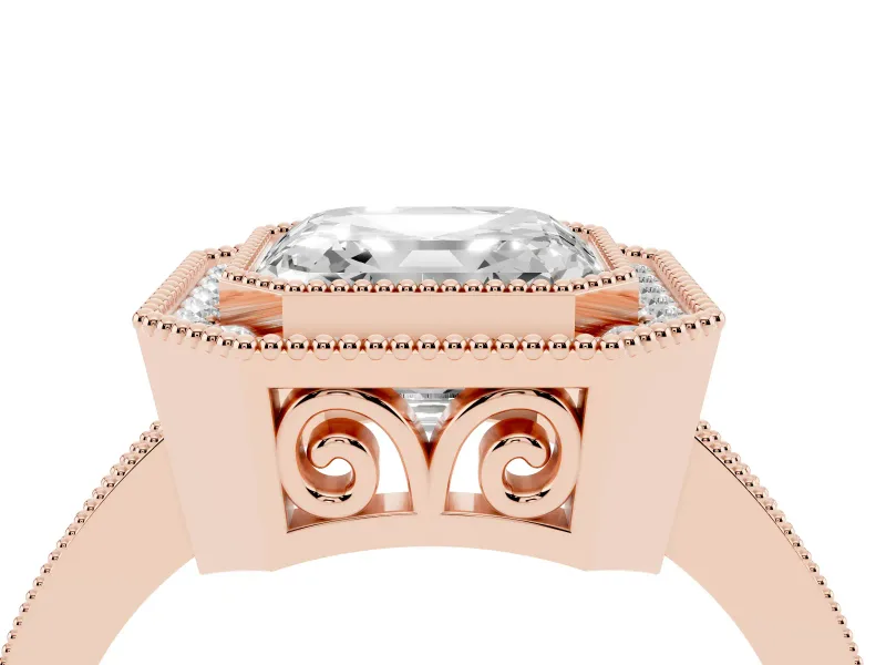 Asscher Cut Diamond Halo Ring Set in Rose gold with Pavé Band and Milgrain-Edged Prongs