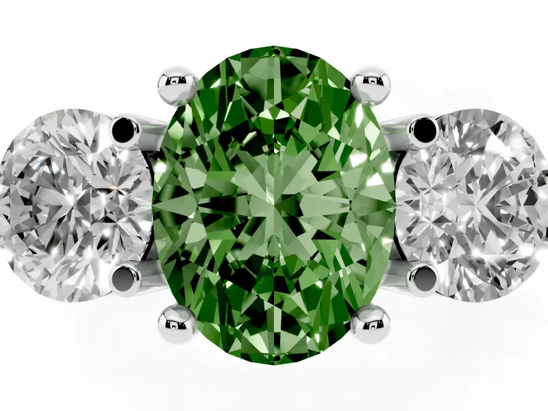 Fancy Green Oval Cut Diamond Three-Stone Ring Set in Silver with Prong Setting and Classic Band