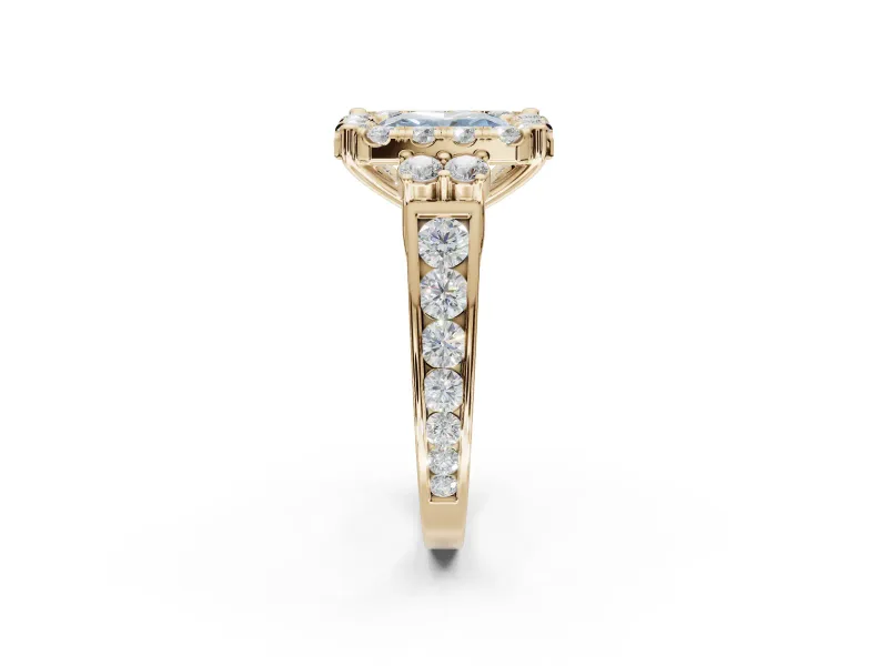 Radiant Cut Halo Engagement Ring Setting for a Fancy Blue Lab-Grown Diamond | Graduated Channel Band | Yellow Gold