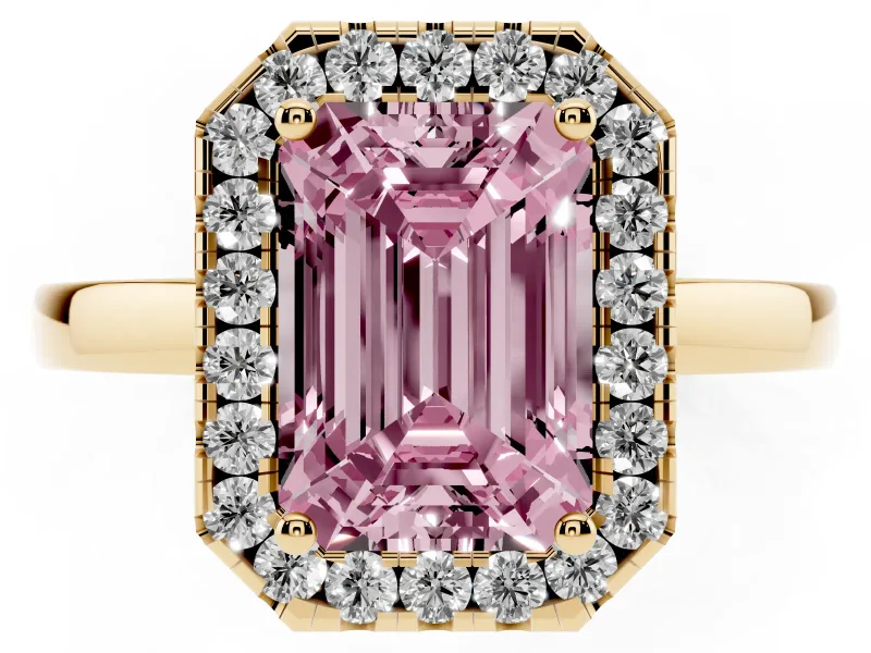 Emerald Cut Thin Halo Engagement Ring Setting for a Fancy Pink Lab-Grown Diamond | Plain Polished Band | Yellow Gold