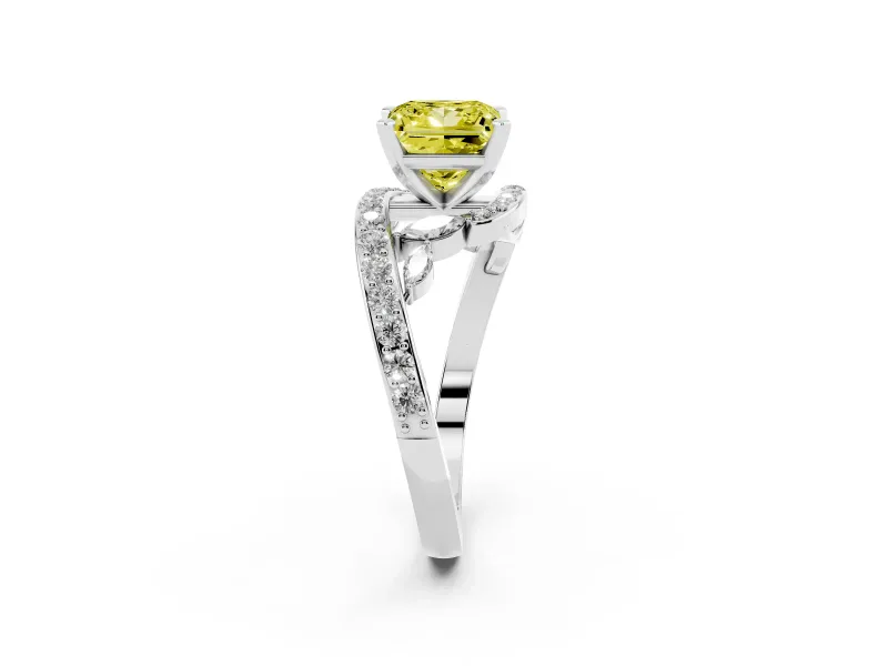 Fancy Yellow Princess Cut Diamond Solitaire Ring Set in White gold with Pavé Twist Band and Secure Prong Setting