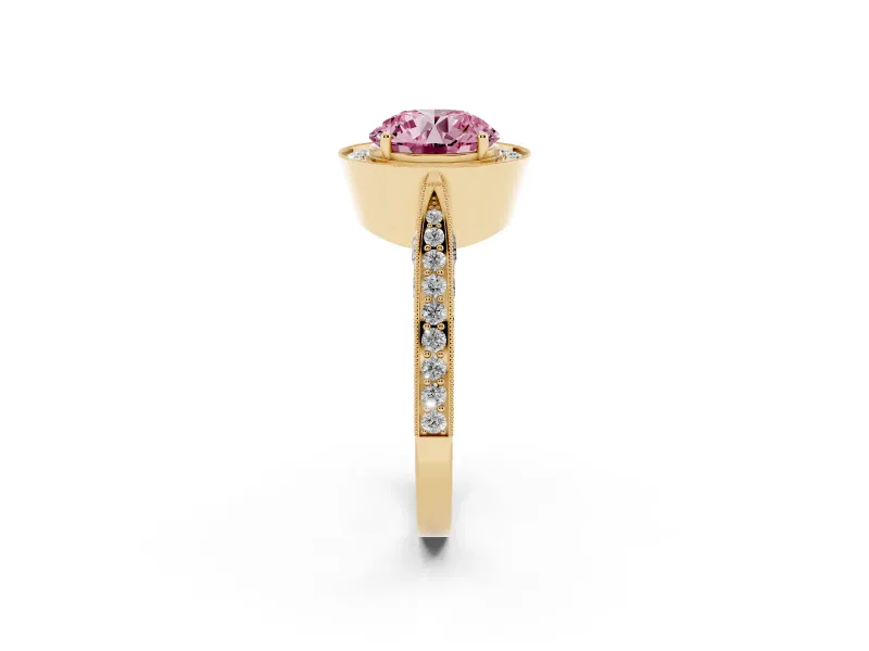 Round Milgrain Halo Engagement Ring Setting for a Fancy Pink Lab-Grown Diamond | Side Stones | Yellow Gold