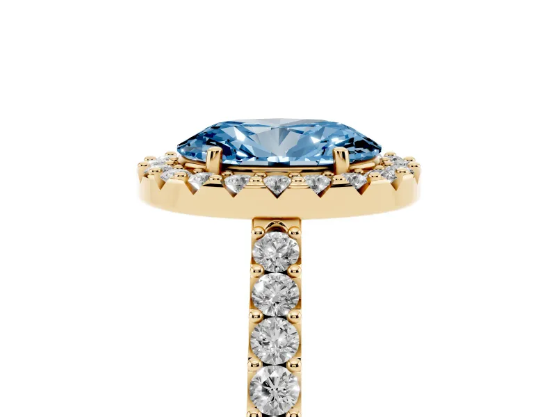 Oval Halo Engagement Ring Setting for a Fancy Blue Lab-Grown Diamond | Single Row Pavé Band | Yellow Gold