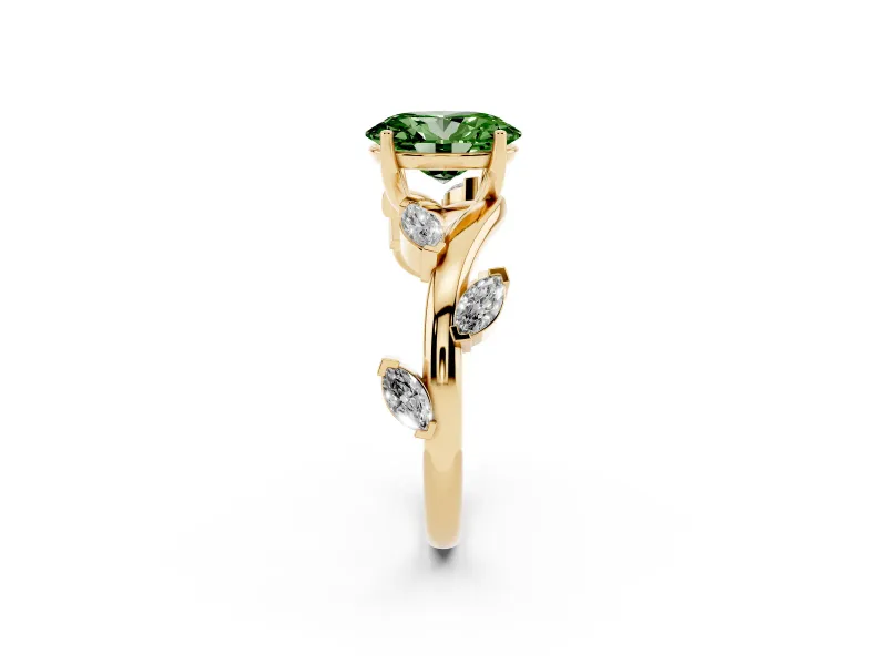 Fancy Green Oval Cut Diamond Solitaire Ring Set in Yellow gold with Twisted Marquise Accent Band