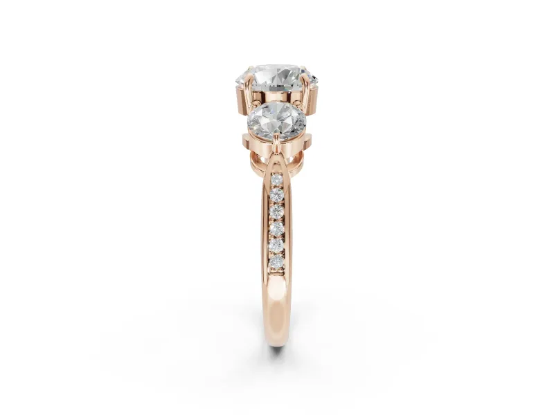 Round Three Stone Engagement Ring Setting | Tapered Pave Band | Rose Gold
