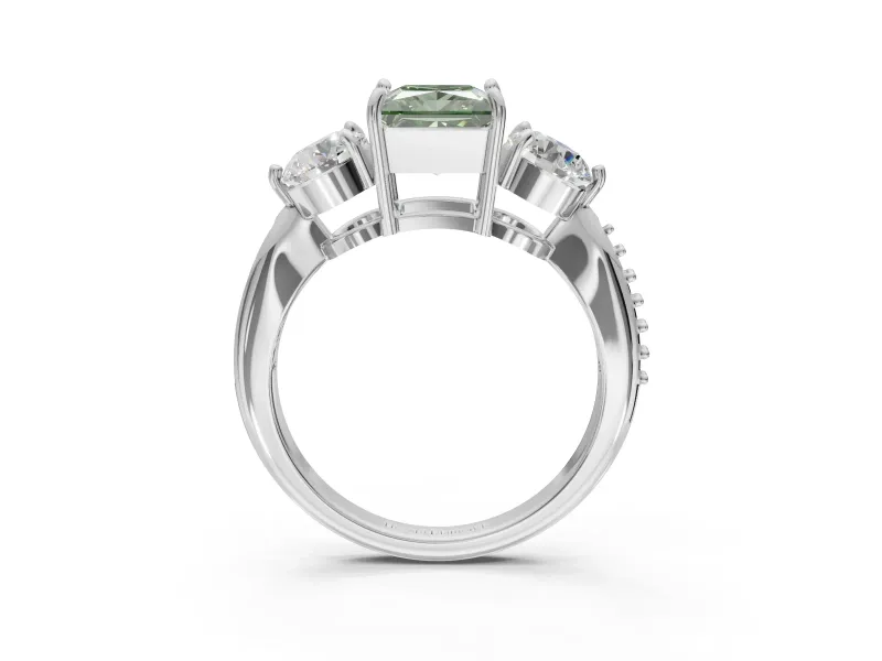 Princess Cut Three Stone Engagement Ring Setting for a Fancy Green Lab-Grown Diamond | Tapered Pave Band | White Gold