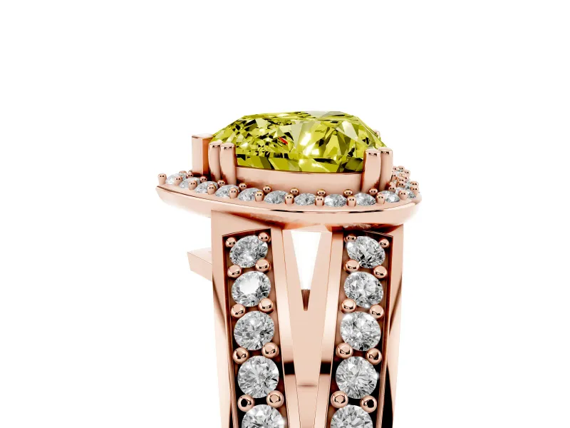 Fancy Yellow Heart Cut Diamond Halo Ring Set in Rose gold with Double Pavé Split Shank