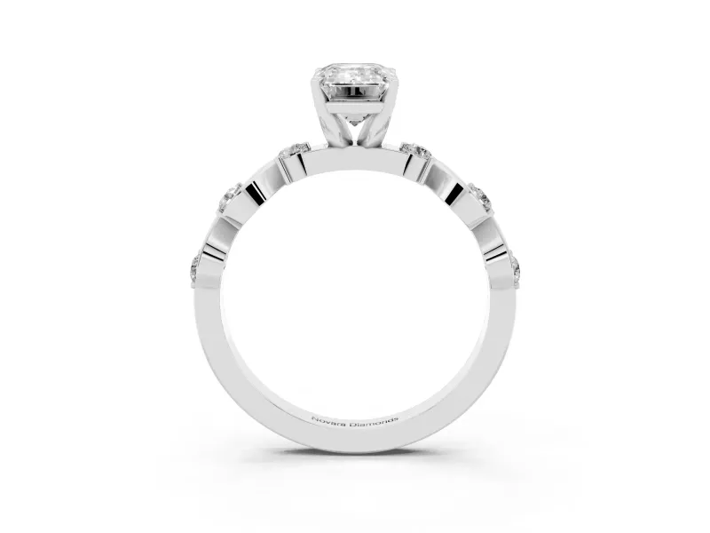 Emerald Cut Diamond Solitaire Ring Set in White gold with Ribbon Twist Band, Round Accents and Prong Setting