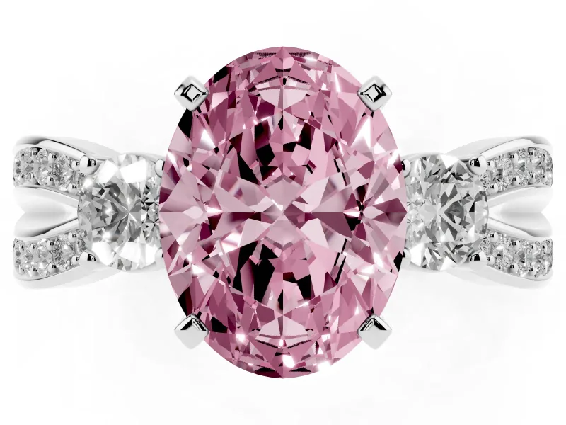 Fancy Pink Three-Stone Oval Cut Diamond Twist Band Ring Set in Silver with Pavé Accents and Prong Setting