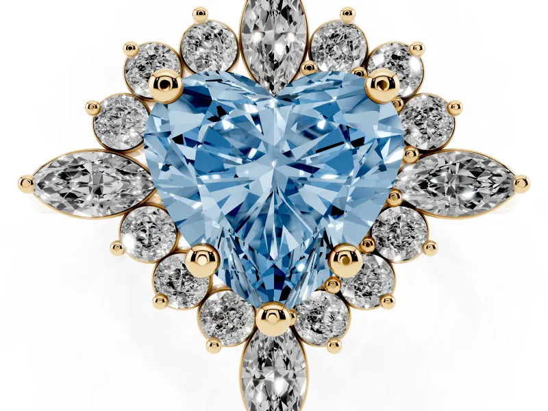 Fancy Blue Heart Cut Diamond Cluster Halo Ring Set in Yellow gold with Marquise and Round Accents