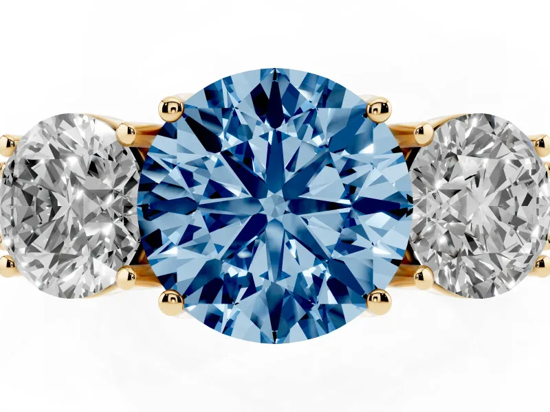 Round Vintage Three Stone Engagement Ring Setting for a Fancy Blue Lab-Grown Diamond | Yellow Gold