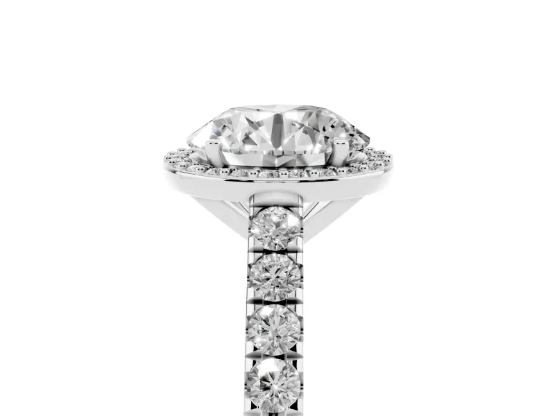Round Cut Diamond Halo Engagement Ring Set in Silver with Pavé Band and Prong Setting