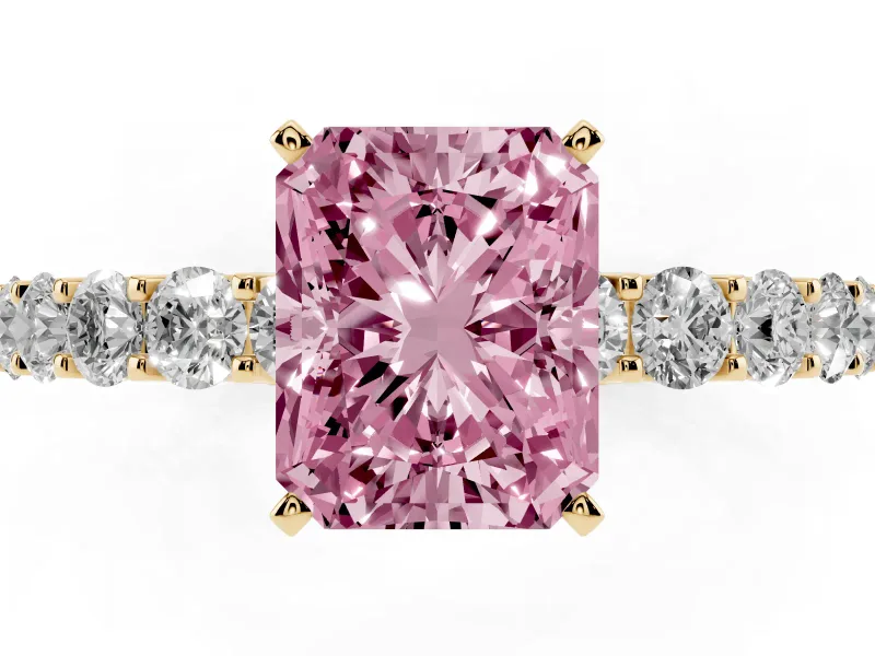 Radiant Cut Shared Prong Engagement Ring Setting for a Fancy Pink Lab-Grown Diamond | Yellow Gold