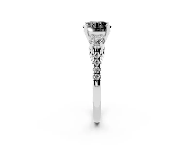 Fancy Black Three-Stone Round Cut Diamond Pavé Band Ring Set in White gold with Prong-Set Trio