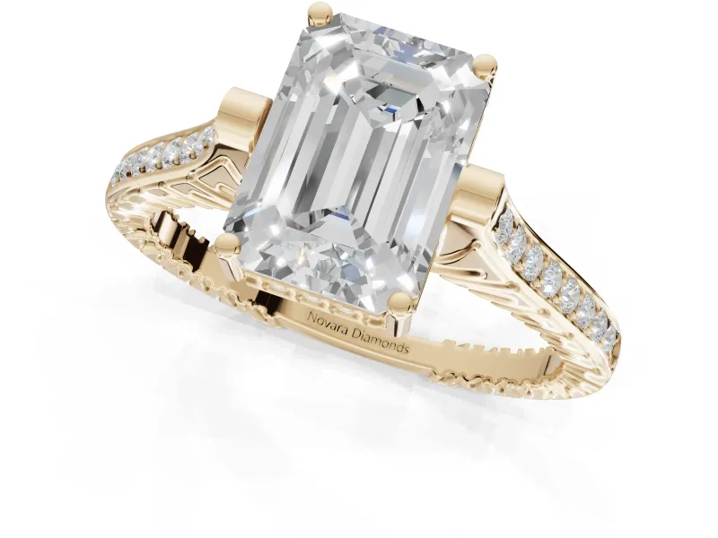 Emerald Cut Vintage Cathedral Engagement Ring Setting | Carved Band | Yellow Gold