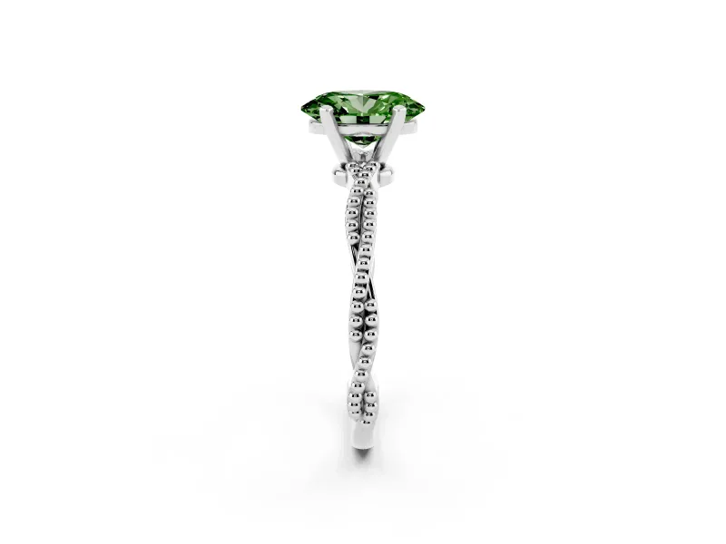 Fancy Green Oval Cut Diamond Solitaire Ring Set in Platinum with Twisted Band and Bead Prong Setting