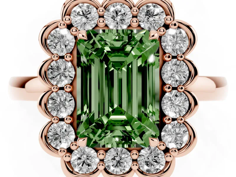 Emerald Cut Scalloped Cluster Halo Engagement Ring Setting for a Fancy Green Lab-Grown Diamond | Plain Band | Rose Gold