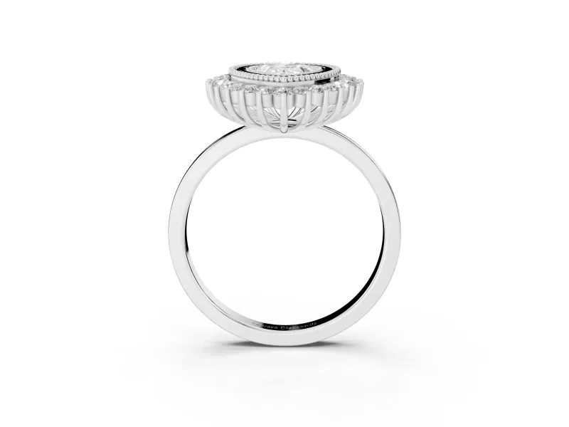 Pear Cut Diamond Halo Ring Set in Silver with Milgrain Edge and Round Prong Setting