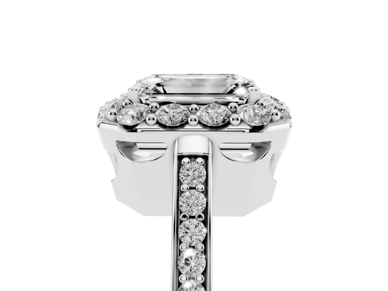 Emerald Cut Diamond Floral Halo Ring Set in White gold with Pavé Band and Prong Setting