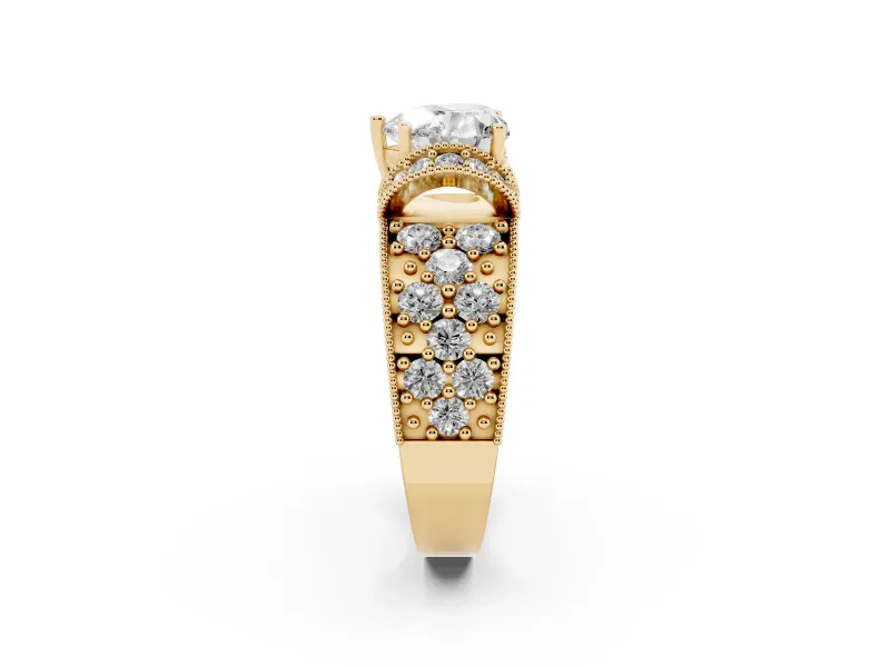 Heart-Shaped Vintage Milgrain Pave Engagement Ring Setting | Crescent Side Rows | Yellow Gold