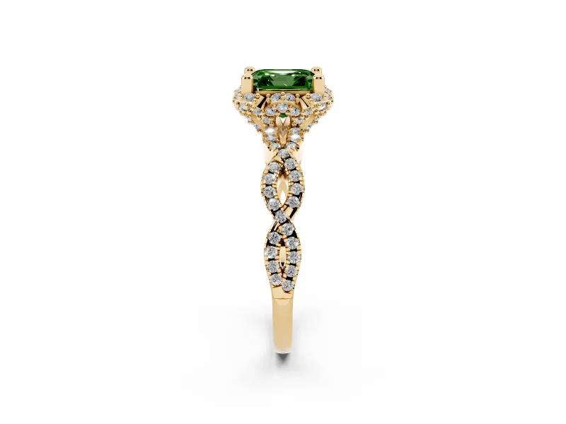 Fancy Green Asscher Cut Diamond Halo Twist Band Solitaire Ring Set in Yellow gold with Prong-Set Center Stone