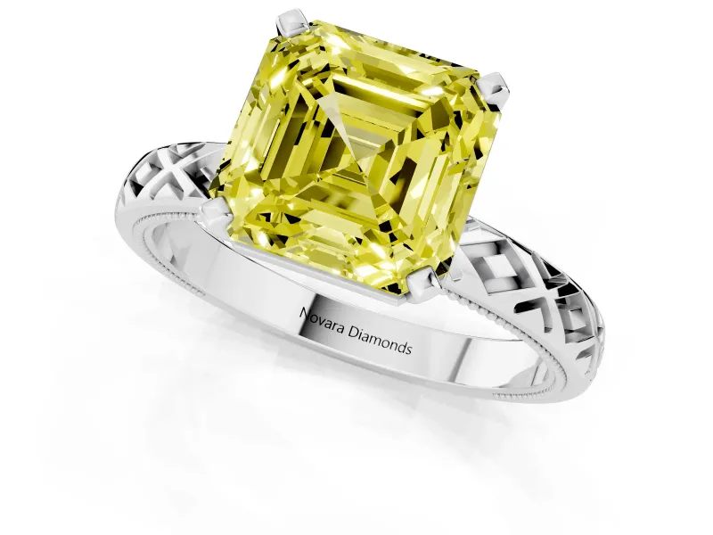 Fancy Yellow Asscher Cut Diamond Solitaire Ring Set in Platinum with Milgrain and Black Enamel X Pattern Band