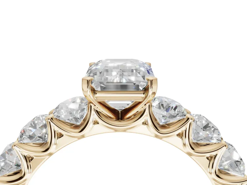 Emerald Cut Side Stone Engagement Ring Setting | Scalloped Prong Accents | Yellow Gold