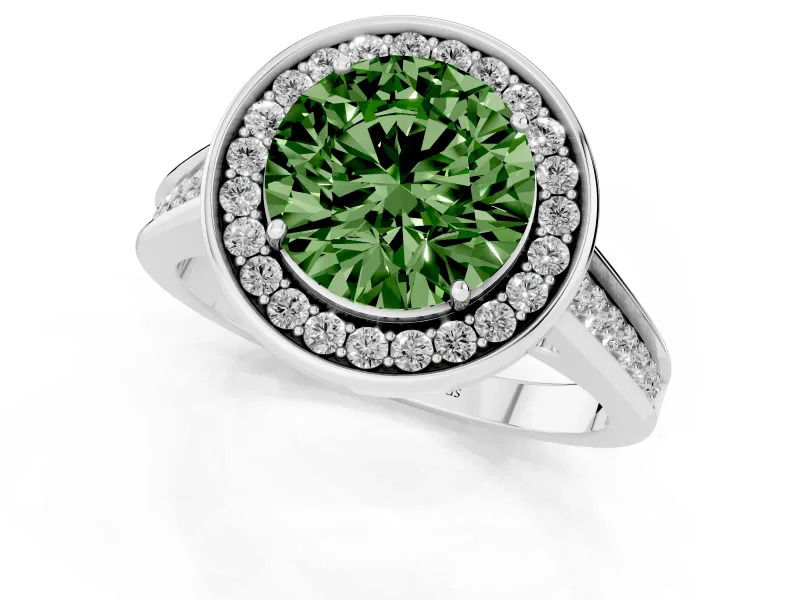 Fancy Green Round Cut Diamond Halo Solitaire Ring Set in Platinum with Pavé Band and Bezel Setting