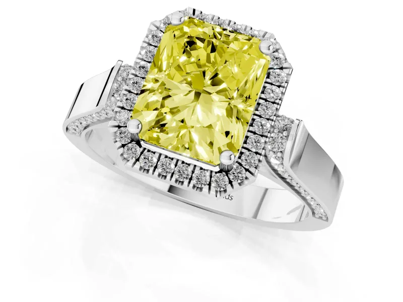 Radiant Cut Halo Engagement Ring Setting for a Fancy Yellow Lab-Grown Diamond | Pavé Panel Shoulders | White Gold
