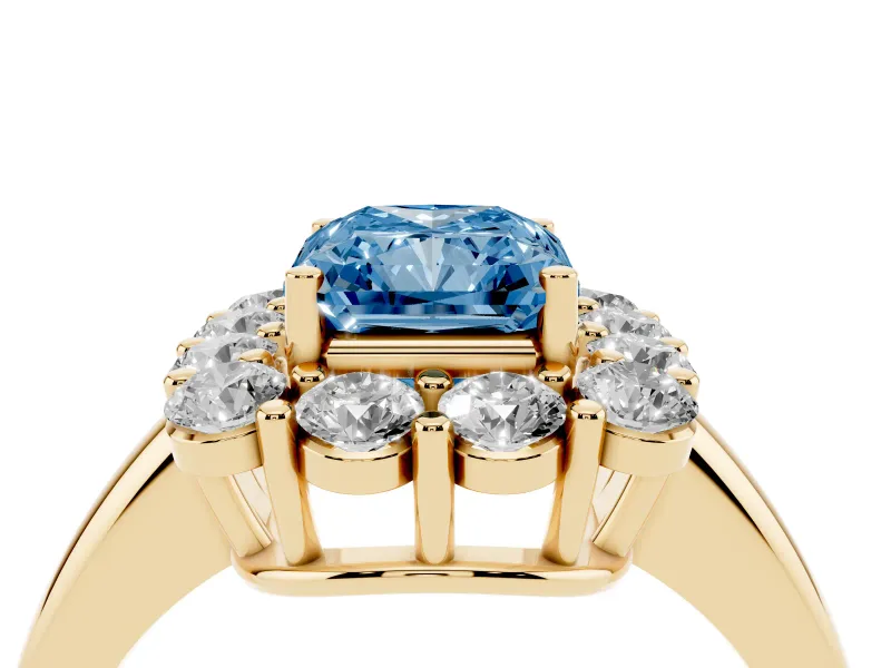 Radiant Cut Cluster Halo Engagement Ring Setting for a Fancy Blue Lab-Grown Diamond | Large Round Accents | Yellow Gold