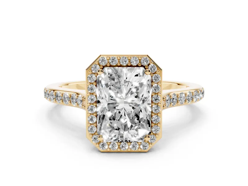 Radiant Cut Diamond Halo Engagement Ring Set in Yellow gold with Round Pavé Shoulders and Heart Gallery