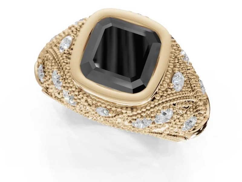 Asscher Cut Vintage Bezel Engagement Ring Setting for a Black Center | Milgrain Band | Yellow Gold